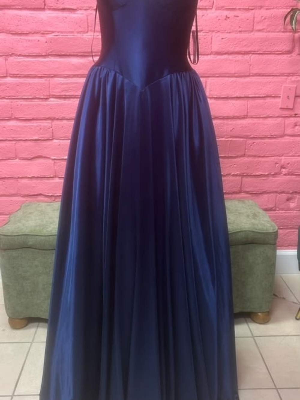 Satin Navy Prom Gown - Floor-Length A-Line - Picture 4 of 4